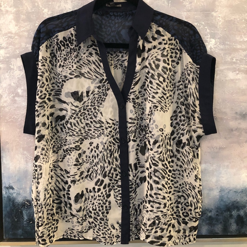 Shear multi-animal print short sleeve blouse
